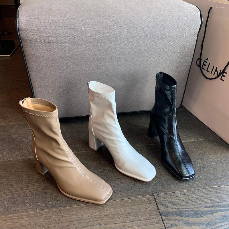 

Boots Square Toe Women Sock Khaki White Black Fashion Ladies Stretch Shoes Thick High Heels Back Zipper Platform Woman 39