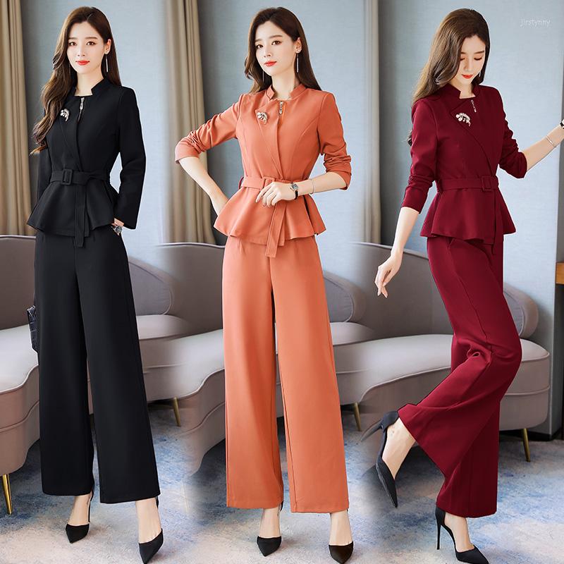 

Women's Two Piece Pants 2022 Autumn Women's Fashion Slim Temperament Top Elastic Waist Wide Leg Two-piece