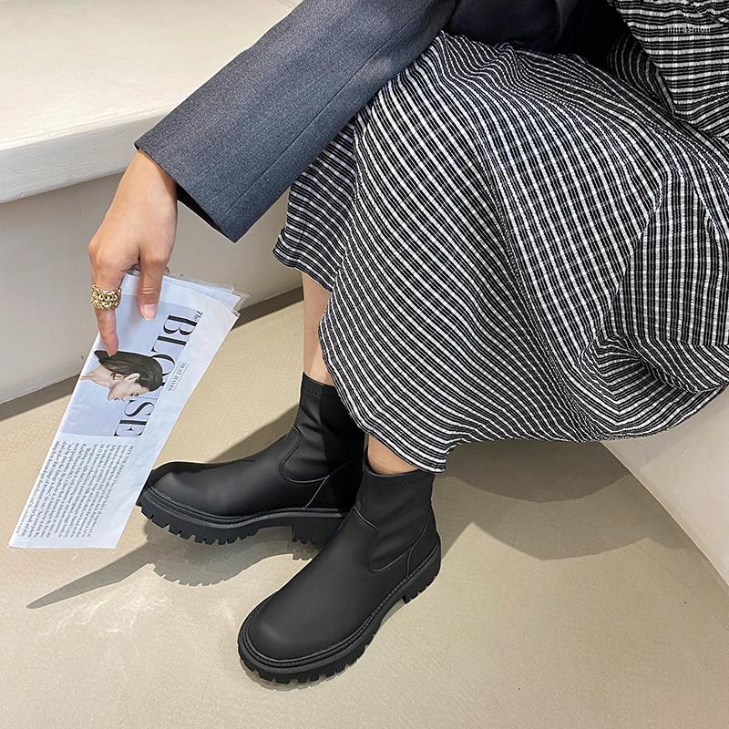 

Boots Round Toe Women Ankle Black Grey 2022 Arrivals Sock Booties Flat Heeled Back Zipper Dress Shoes Woman Pumps Size 35-39