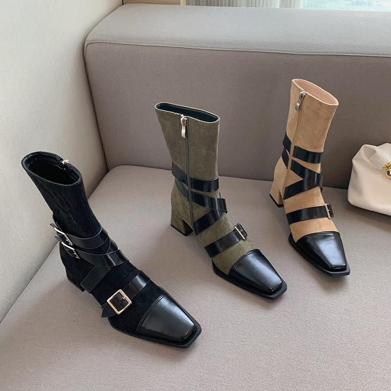 

Boots Fashion Women Mid Calf Cross Bandage Flock Side Zipper Square Toe Winter Green Black Beige Thick Heels Belt 39