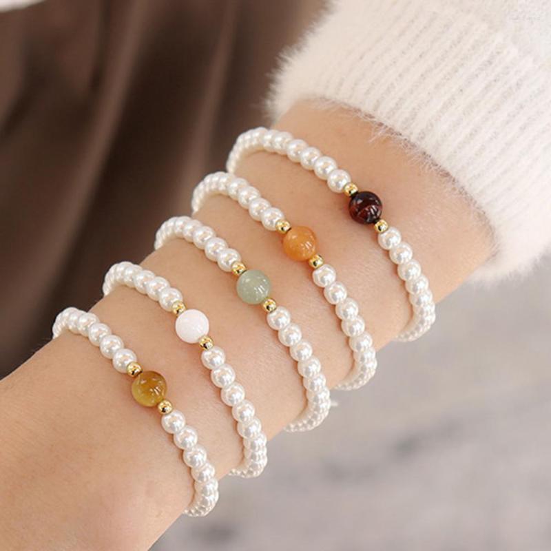 

Strand Classic Colorful Stone Bracelet Women Handmade Simple 4mm Imitation Pearl Beaded For Jewelry Gift