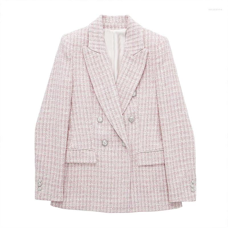 

Women's Suits 2022 Women Fashion Textured Double-Breasted Blazer Vintage Long Sleeve Jacket Coat Pink Ladies Outerwear Stylish Tops
