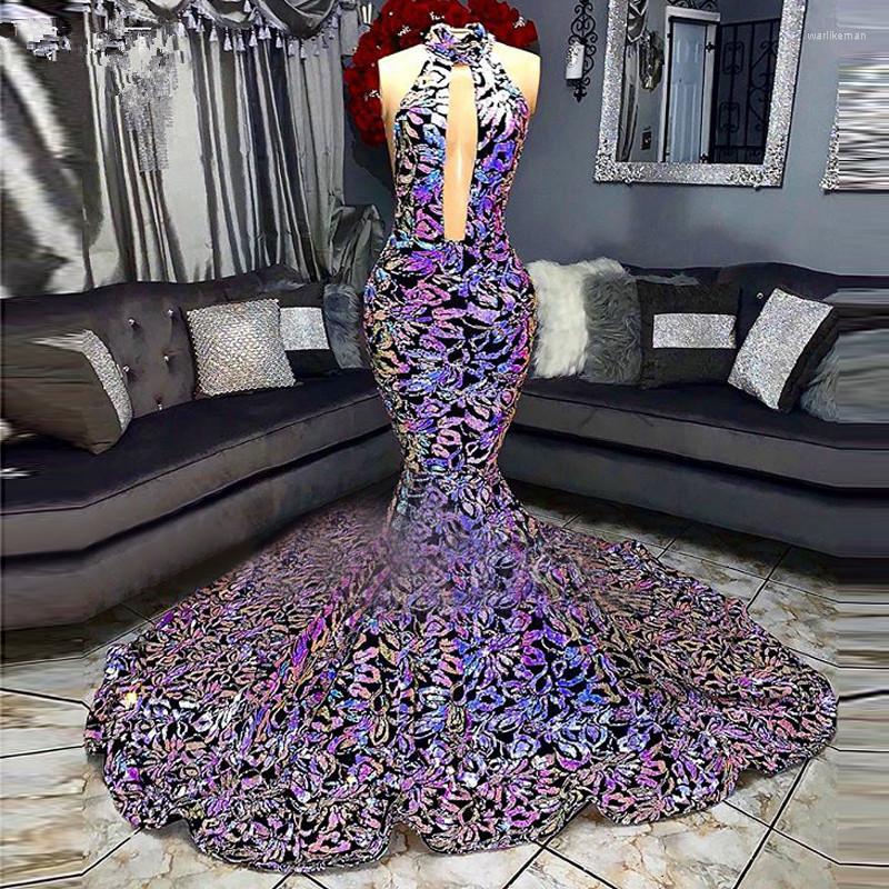 

Party Dresses Open Back Mermaid Prom High Neck Sweep Strain Sleeveless Sparkly Sequined Formal Evening Gowns Dress, Purple