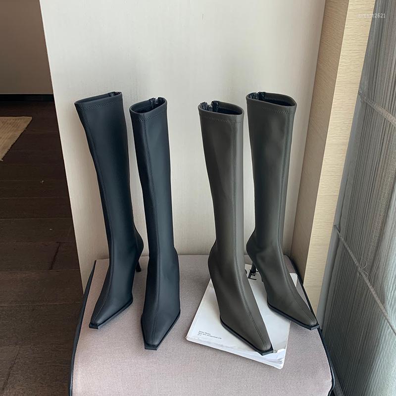 

Boots Fashion Women Knee High Black Khaki Pointed Toe Stretch Back Zipper Thin Heels 2022 Arrivals Sock Booties