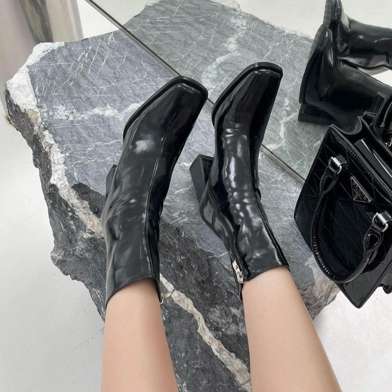 

Boots Fashion Women Square Toe Ankle Side Zipper Thick High Heels Stretch Shoes Black White Khaki Brown Winter Short Botas 35-39
