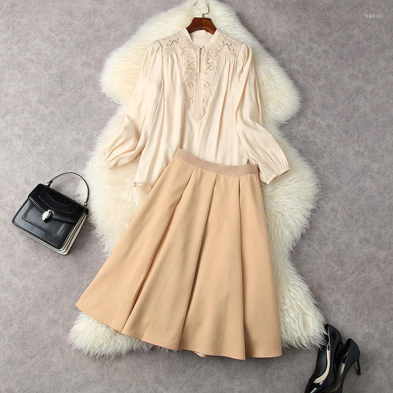 

Work Dresses Clothing Set Women' 2022 Spring Hollow Out Embroidered Loose Top High Waist Big Swing Commuter Skirt Suit Solid Color, Khaki