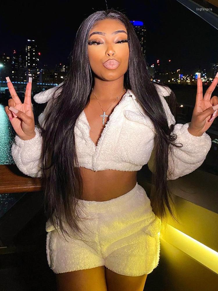 

Women' Tracksuits Two Piece Set Women Furry Outfits Sexy Lapel V Neck Long Sleeve Cropped Coat High Waist Shorts 2022 Fall Winter Fairy, White