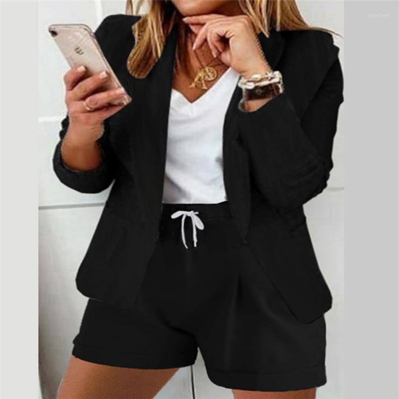 

Women's Tracksuits High Street Women's Autumn Selling Long Sleeve Lapel Fashion Temperament Slim Tie-up Office Shorts Suit, Gray