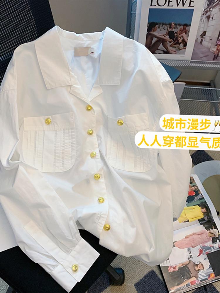 

Women' Blouses Women Autumn White Color Vintage Over-shirt Turn-down Collar Baggy Long Sleeve Lady Shirt Single Breasted Office
