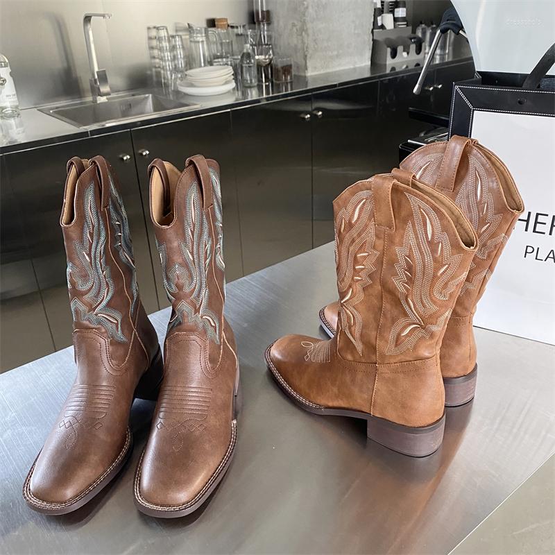 

Boots Round Toe Women Mid Calf Brown Khaki Embroidery Design Western Bootis Flat Low Heels 2022 Arrivals Party Pumps Slip On