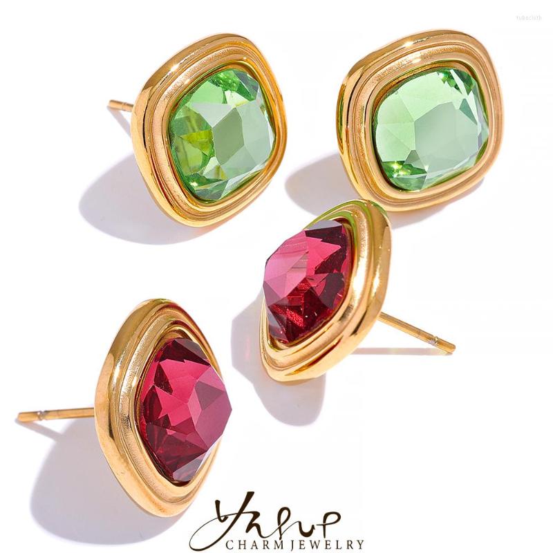 

Stud Earrings Yhpup Stainless Steel Square Geometric Green Red Glass Crystal Delicate Bling Waterproof For Women Basic Jewelry
