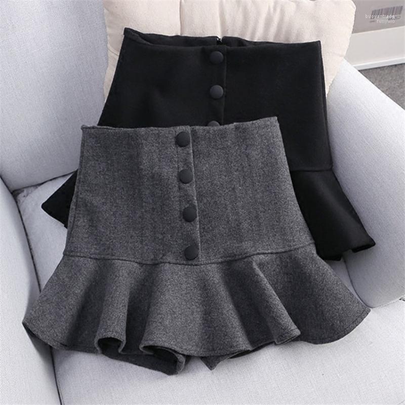 

Skirts Gowyimmes Autumn Winter Fashion Women High Waist Ruffles Shorts Skirt Girl Woolen Plaid Kawaii Harajuku Mini PD201, Black