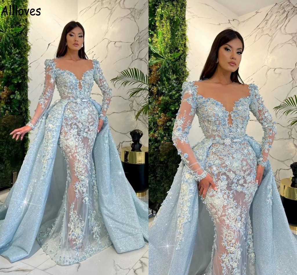 

Saudi Arabia Mermaid Prom Dresses With Detachable Train Sequined Ice Blue Floral Lace Appliqued Evening Gowns See Through Long Sleeve Formal Occasion Dress CL1331, Yellow