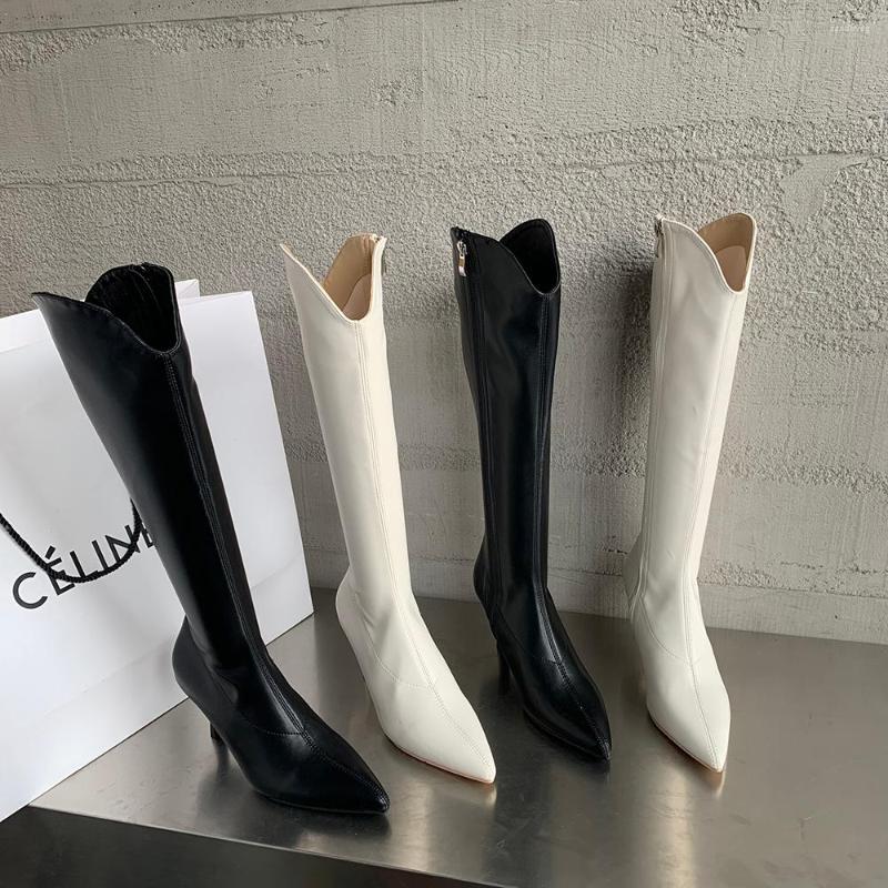 

Boots Pointed Toe Fashion Women Knee High Black/White Side Zipper Thin Heels 2022 Arrivals Party Pumps Shoes Woman 39