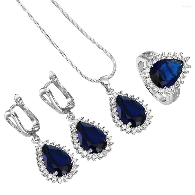 

Necklace Earrings Set Est Design Drop Water Shape Shiuning Silver Color Jewelary Sets For Women Engagement Royal Blue CZ Zircon Crystal, Picture shown