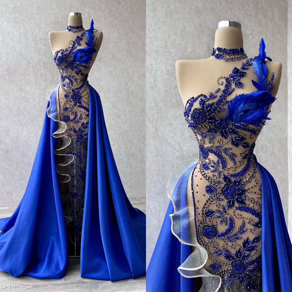 

Exquisite Blue Feathers Prom Dresses Beads Crystals Sheer Neck Party Dresses Illusion with Overskirts Custom Made Evening Dress, Royal blue