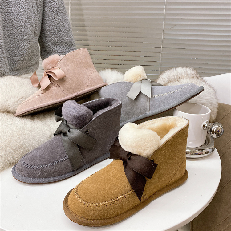 

snow boots fur 2022 new thin-soled flip -flose cotton cotton female winter Designer uGGity women Ribbons Bowtie boot, Grey