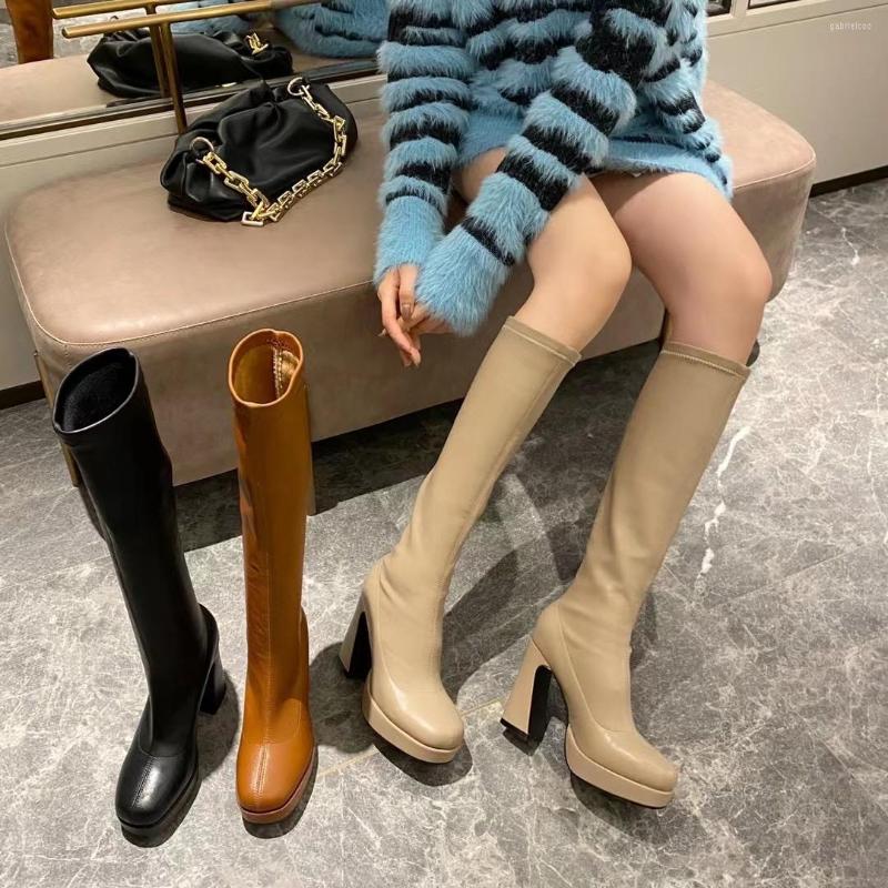 

Boots Platform Shoes Women Knee High Sock Booties Round Toe Black Brown Beige Thick Heels Slip On Stretch Woman Party Pumps