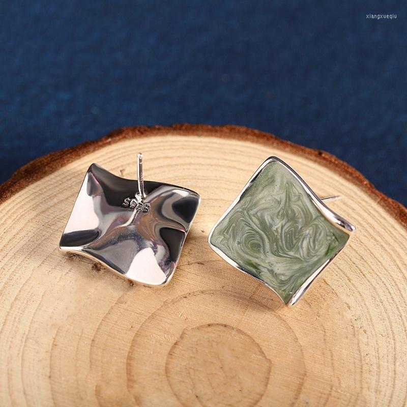 

Dangle Earrings Real Pure S925 Sterling Silver Stud Women Enamel Irregular Square