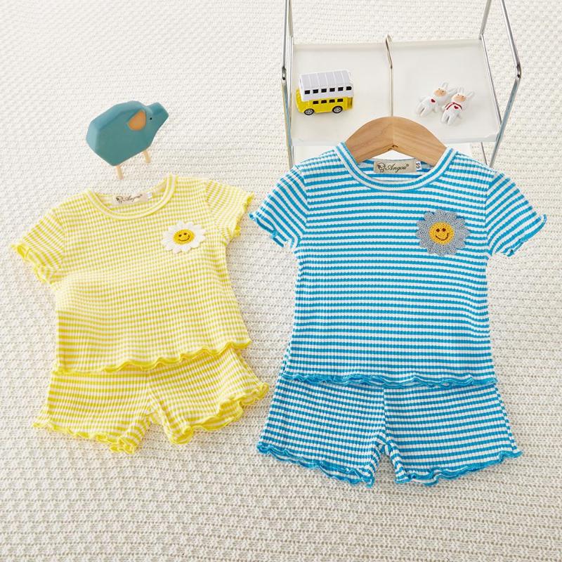 

Clothing Sets Children Summer Casual Set Kid Girl Candy Colors Rib T-shirt And Cotton Soft Shorts Suit Sports Baby Outfits, Blue