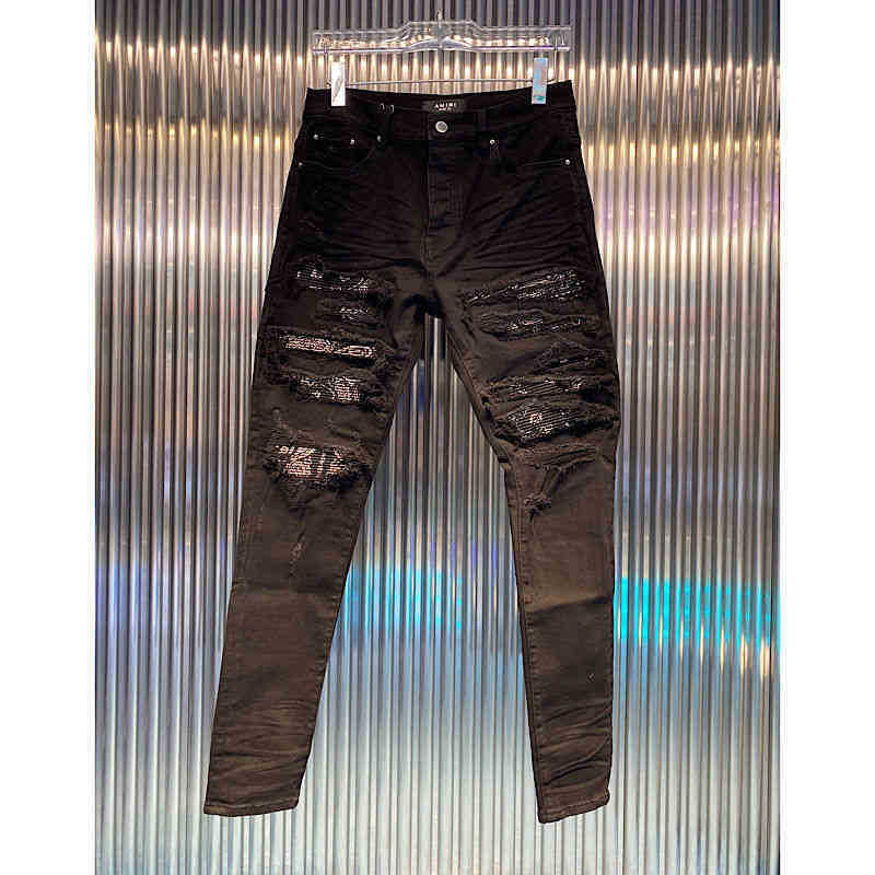 

fashion amirly new wash men's black cashew nut elastic flower multi hole jeans patch slim fit