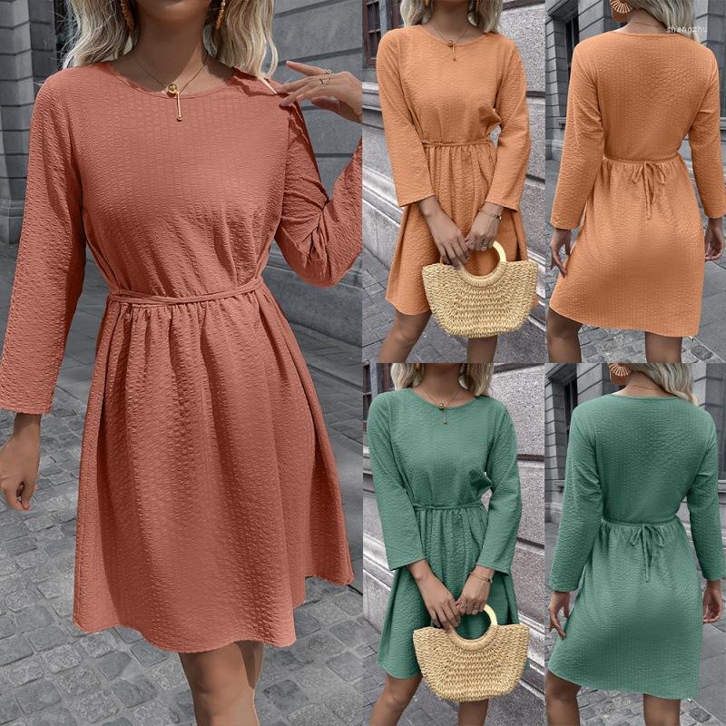 

Casual Dresses 2022 Autumn Fashion O-neck Women Tunic Dress Spring Round Collar Long Sleeve Solid Simple Mini Party Vestidos, Green