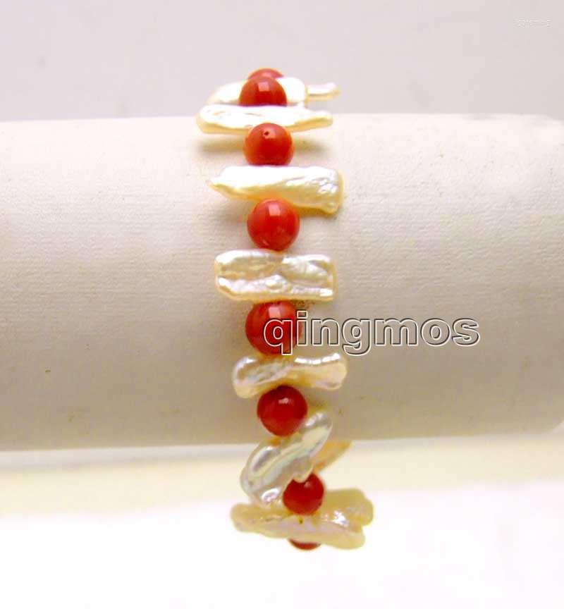 

Strand Qingmo 15-25mm Biwa Natural Freshwater Pink Pearl Bracelet For Women With 6-7mm Round Red Coral 7.5'' Jewelry Bra336