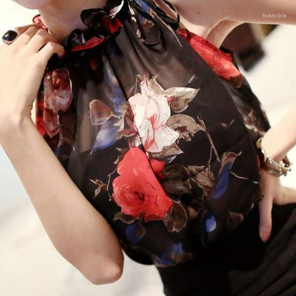 

Women' Blouses Ruffles Stand Collar Sleeveless Floral Shirt Sexy Chiffon Blouse Women Summer Fashion Halter Top Blusa Camisa Femme, Black floral
