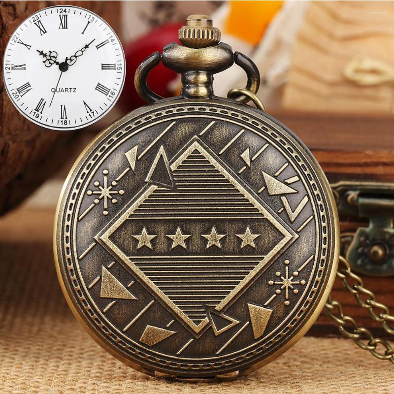 

Pocket Watches Bronze Exquisite 4 Pentagram Pattern Watch Birthday Souvenirs For Mother Father Roman Numeral Quartz Dial Pendant Clocks, 80cm chain