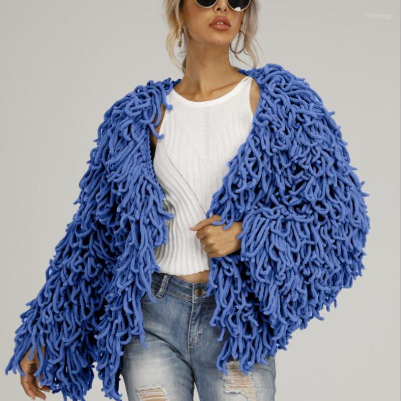 

Women' Knits Women' & Tees Chic Fall Coarse Yarn Knitted Wool Hollow Tassels Crocheted Fuzzy Cardigan Fringed Sweater Coat Hooked, Gray
