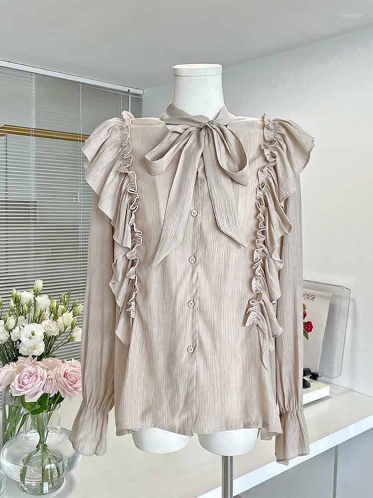 

Women's Blouses 2022 Women Autumn Winter Vintage Stand Neck Front Lace Up Patchwork Ruffle Design Lantern Sleeve Pleated Solid Color Top, Khaki
