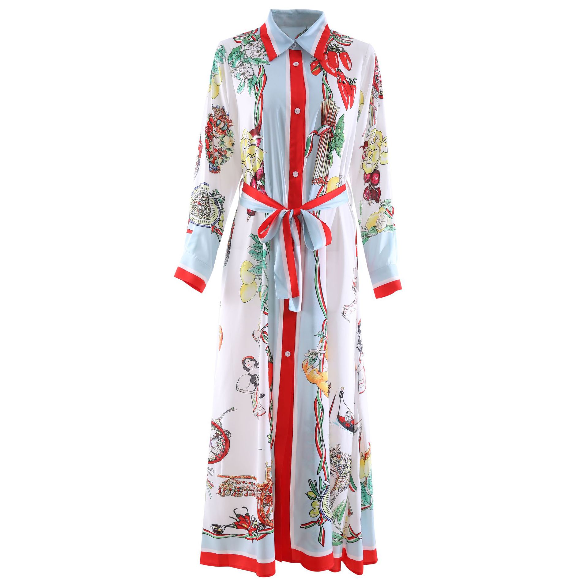 

High-quality silk blend printed long-sleeves shirt long dress, 22047