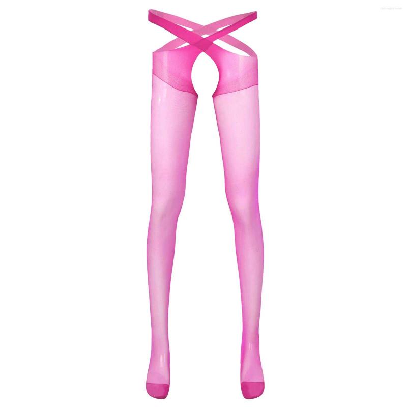 

Men's Socks MSemis See-through Underwear Thin Pantyhose Hollow Out Crotch Stretchy Cross Tights Lingerie Stockings, Black