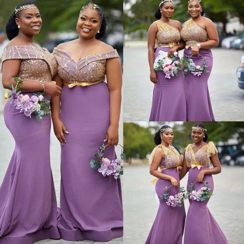 

Lilac Lavender Mermaid Long Bridesmaid Dress Beaded Lace Stain African Aso Ebi Plus Size Maid Of Honor Wedding Guest Junior Gown