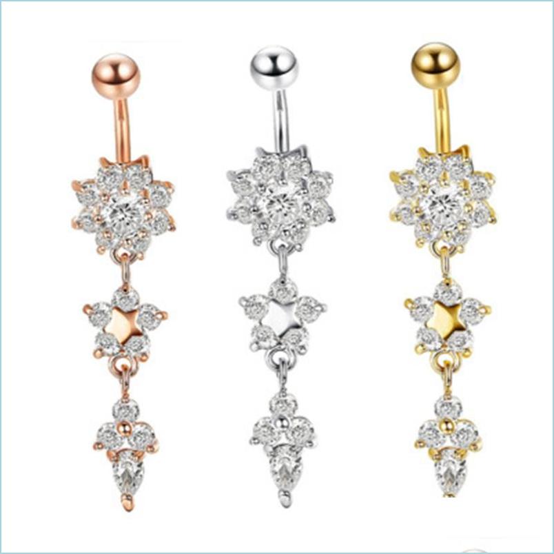 

Navel Bell Button Rings Sexy Belly Bars Button Rings Piercing Crystal Flower Body Jewelry Navel Ring Golden Accessories 6 Styles D Dhyio