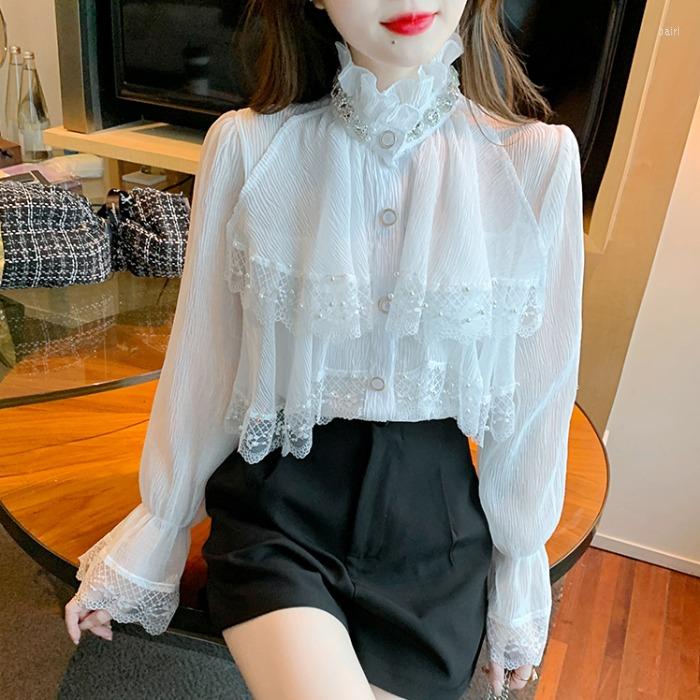 

Women' Blouses Fashion Womens Fairy Tops Medieval Victorian Beading Stand Collar Office Chiffon Blouse Shirt Long Sleeve Princess, White