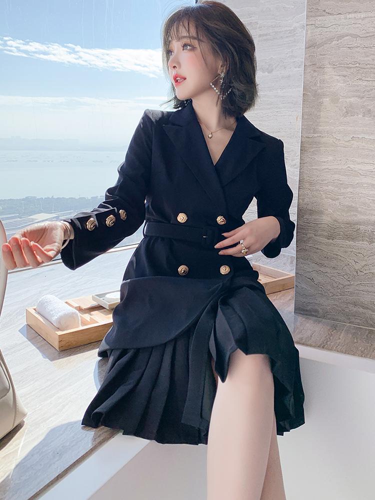 

Casual Dresses Suit Collar Double Breasted Patchwork Pleated Skirt Belt Waist Dress Women' Wear 2022 Spring High Quality Top, Black