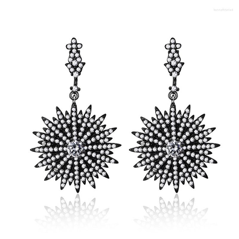 

Dangle Earrings Vintage AAAAAAA Cubic Zircon Sun Shaped 925 Sterling Silver For Women Statement Korean Hem Gun Black Color Earring Gift