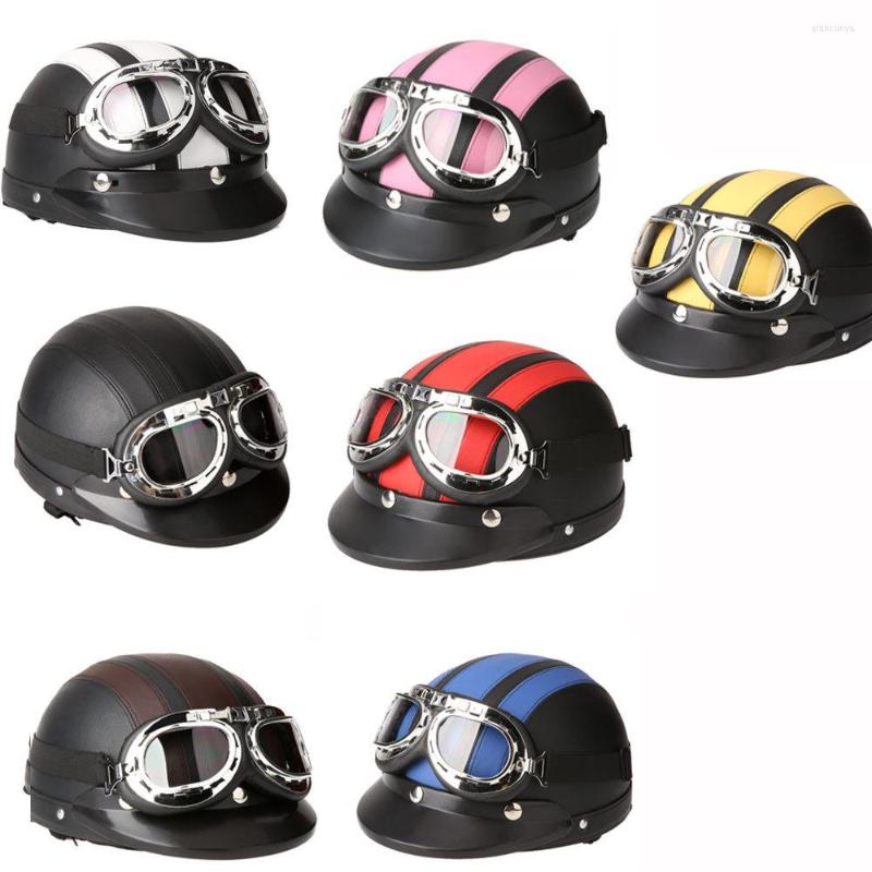 

Motorcycle Helmets Helmet Bike Bicycle Scooter Open Face Half Leather With Visor UV Goggles Retro Vintage Style, White