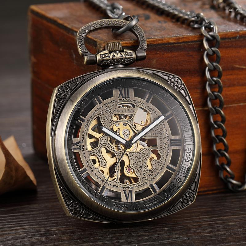 

Pocket Watches Vintage Bronze Carved Face Hand Watch Steampunk Skeleton Mechanical Necklace With Chain Pendant Men Women Gift