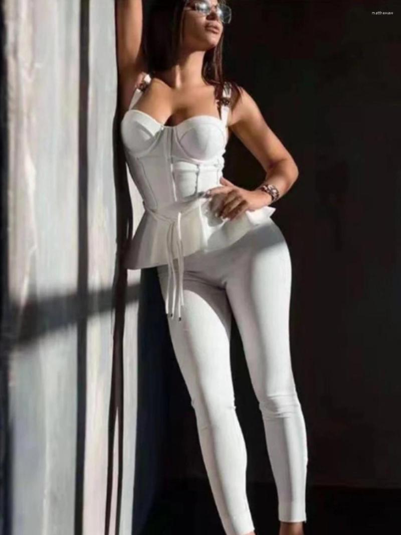 

Women's Two Piece Pants 2022 Celebrity Designer Women's Summer Sexy Spaghetti Strap Ruffle Top And Bandage Set Fashion Outfit, Red