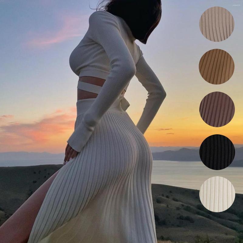

Work Dresses Winter Knitted Sweater Long Skirts Two Piece Set Women Chic Crop Top And Button Pleated Outfit Sexy Split Dress Suits, Black top