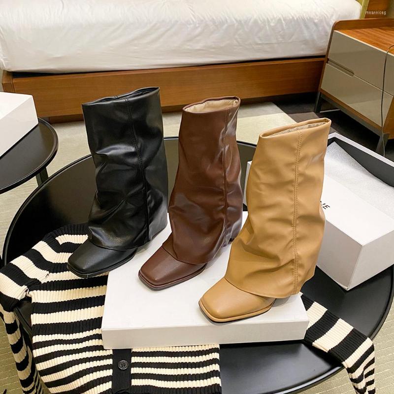 

Boots Khaki/Brown/Black Women Mid Calf Square Toe 2022 Arrivals Knight Booties Slip On Thick High Heels Autumn Botas 35-39
