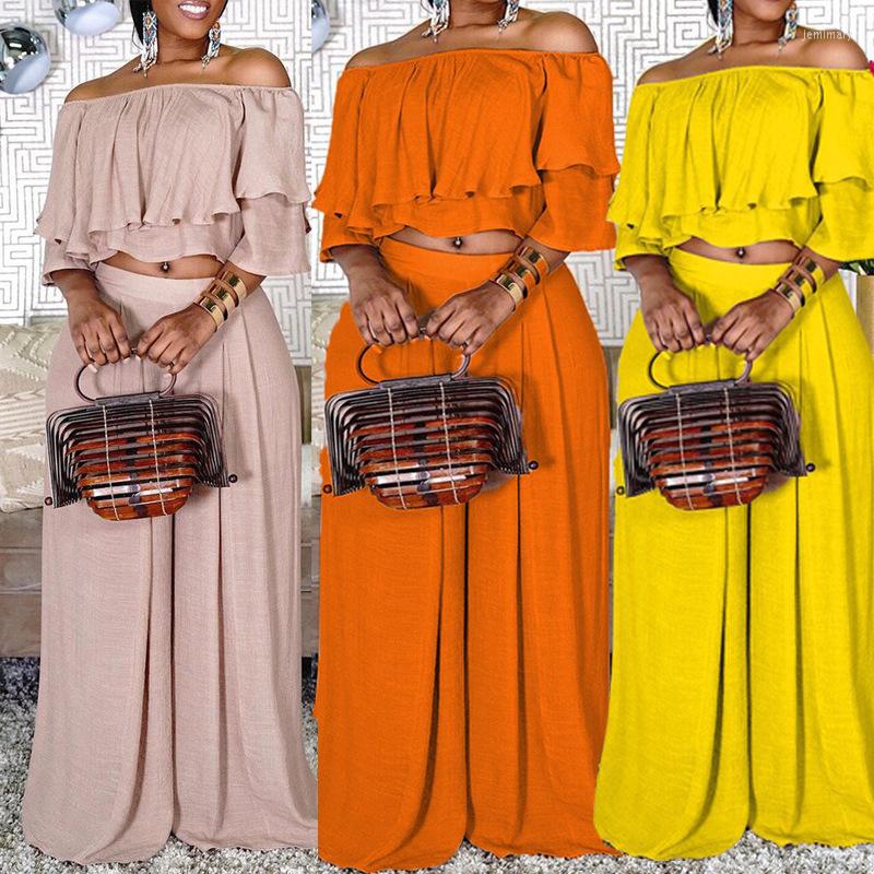 

Women's Two Piece Pants Shoulder High Oversized Tops Wide 2 Pieces Sets Crop Leg Pant Off The Street Wear Outfit Loose Fashion Matching, Yellow 1