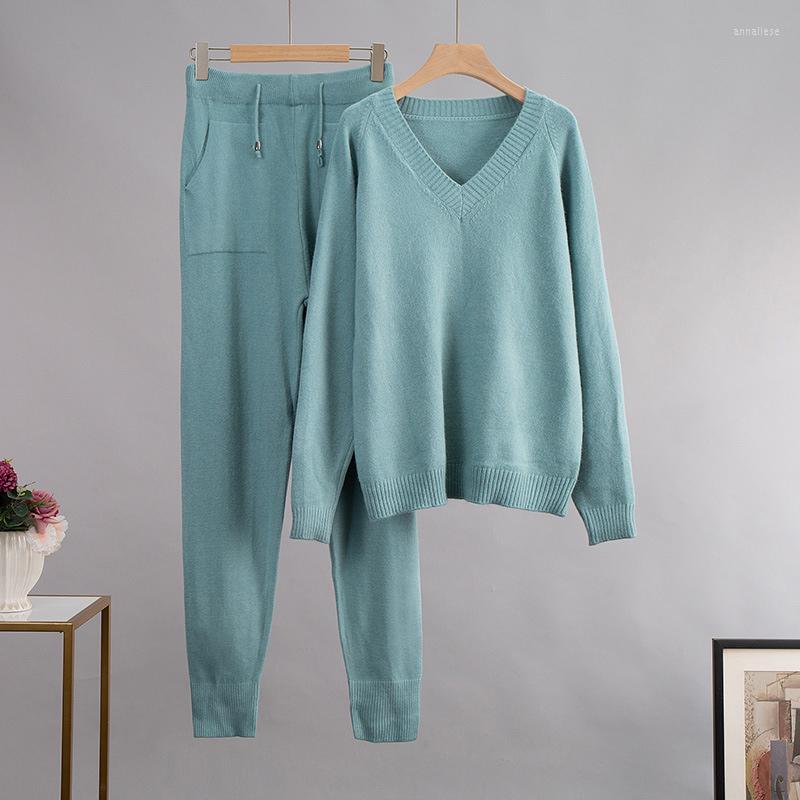 

Women's Two Piece Pants 2 Pieces Set Women Knitted Sweater Tracksuit Casual V-neck Pullover Jogger 2022 Autumn Winter Warm For, Black