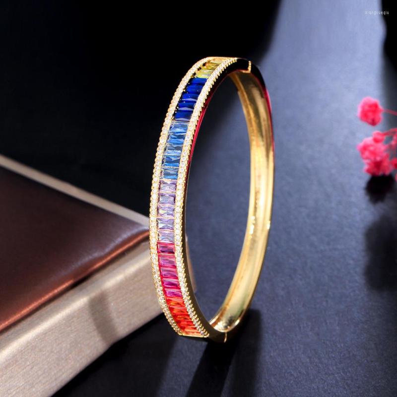 

Bangle ThreeGraces Luxury Baguette Cubic Zirconia Gold Color Multicolor CZ Open Cuff For Women Trendy Bridal Party Jewelry BA057