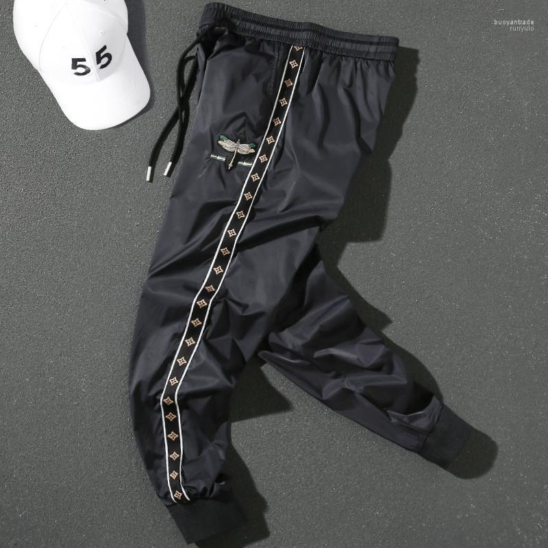 

Men's Pants Men's Ice Silk Casual Summer Thin Black Elastic Waistband Lace-up Ankle Banded Dragonfly Embroidered Versatile, Dc-t570 black