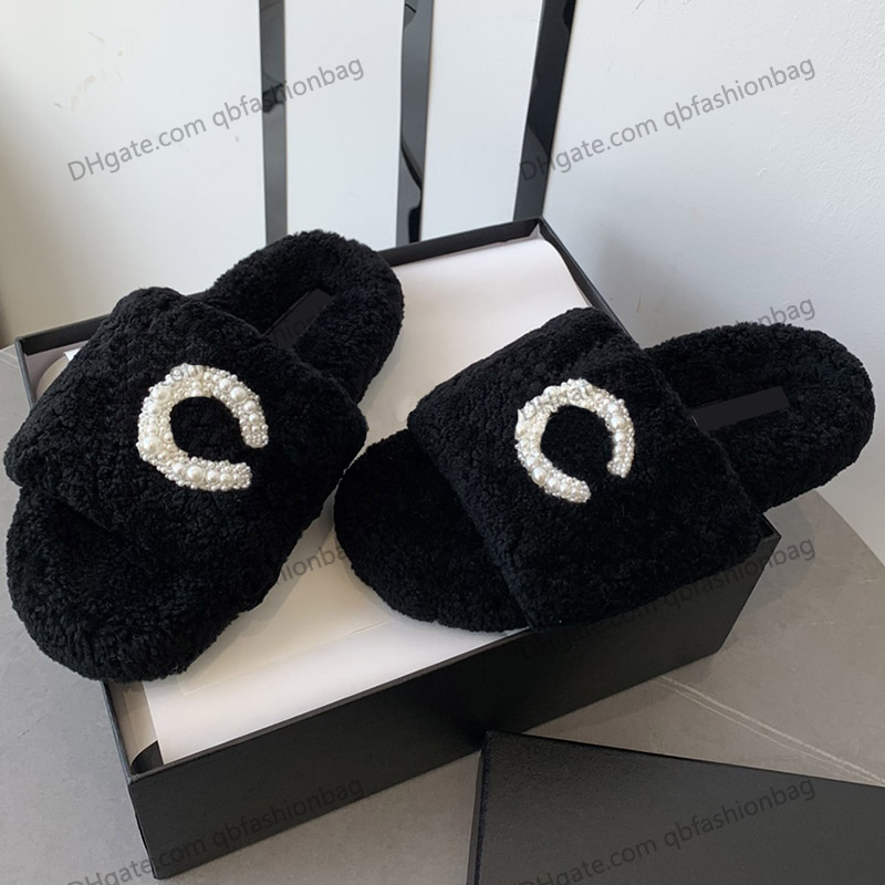

Womens Slippers Wool Imitation Faux Pearl 22ss F/w Slides Designer Mules With Letter Flip Flops Booties Warm Comfy Non-slip Rubber Sole Indoor Shower Room Casual Shoes, Black