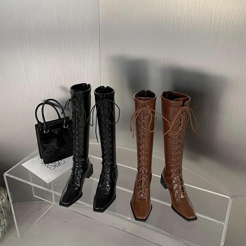 

Boots Fashion Women Knee High Square Toe Black Brown Cross Tied Lace Up Flat Mid Heels Winter Dress Shoes Woman Pumps Size 35-39