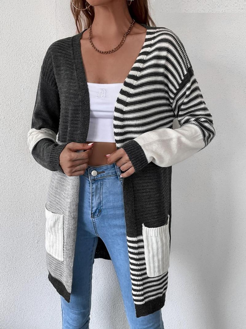 

Women' Knits DGIRL 2022 Autumn Knitted Sweater Cardigan Women Clothing Splicing Stripe Contrast Pocket Coat, Dark gray
